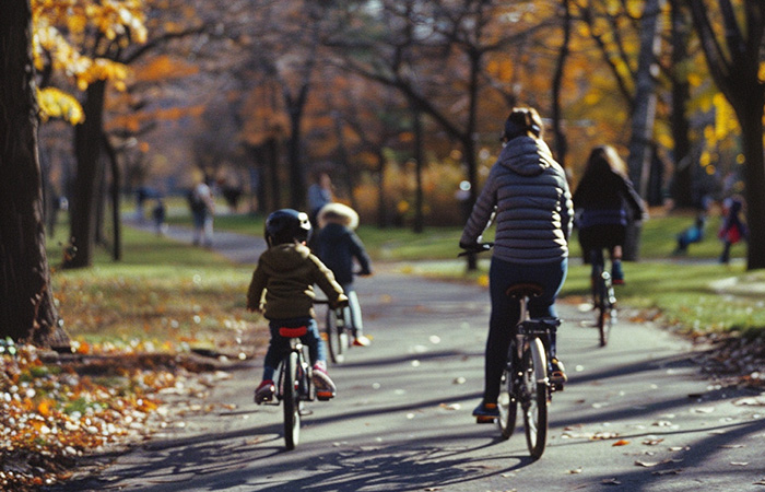 Familie cykler gennem park